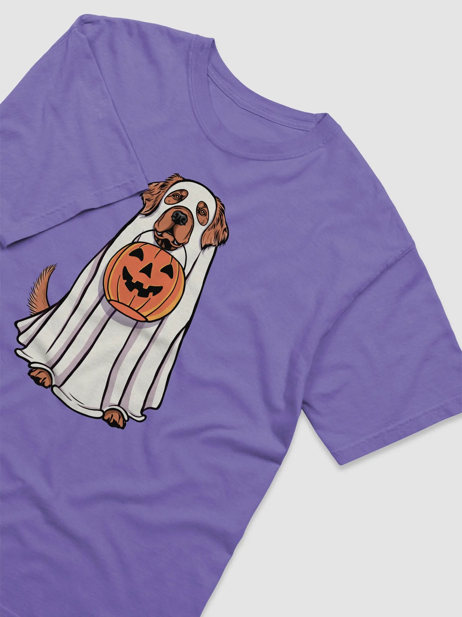 Funny Halloween Red Golden Retriever T-Shirt | Funny Goldie Wearing a Ghost Costume and Holding a Pumpkin Basket product image (6)