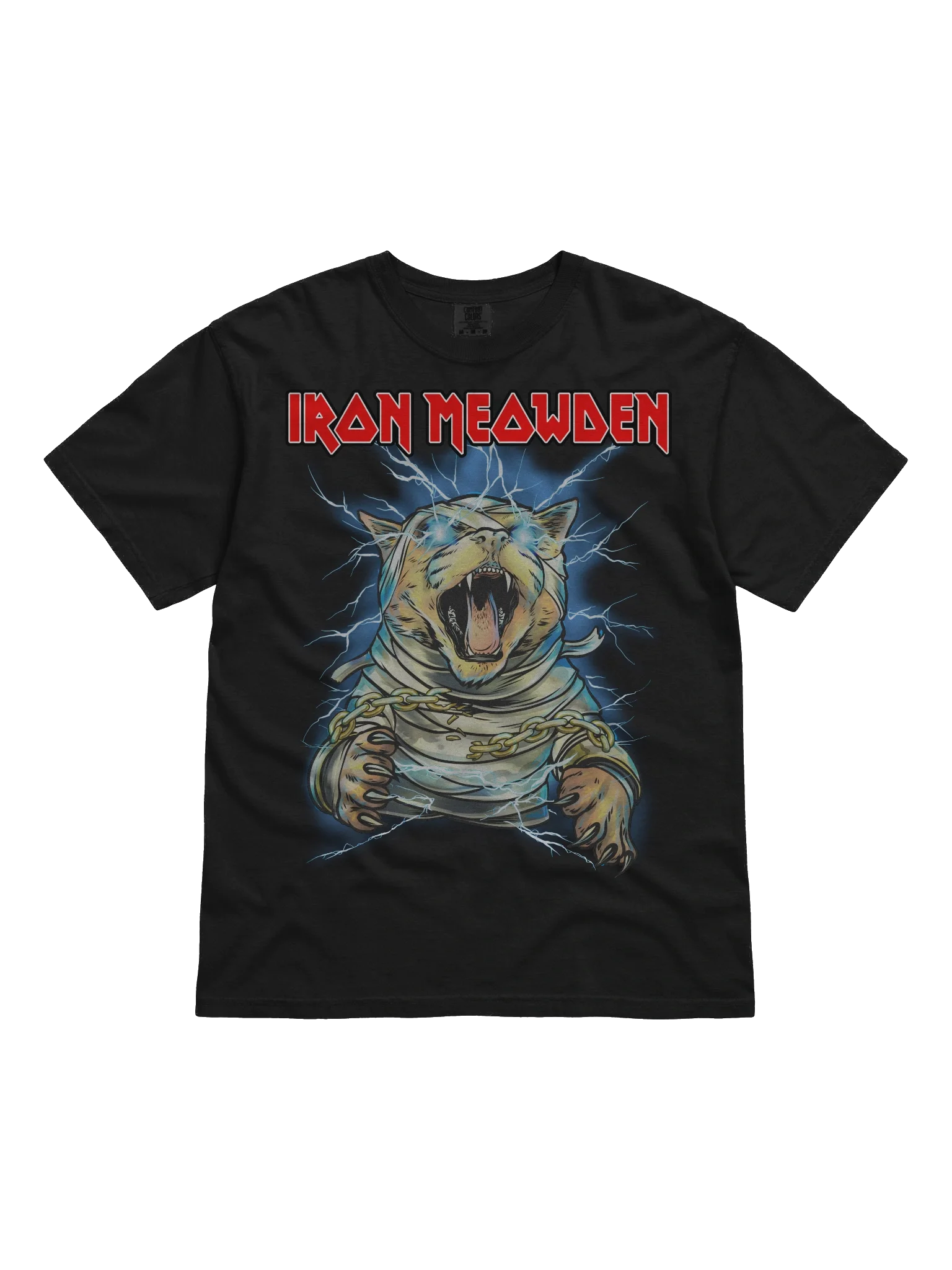 Iron Meowden Pawerslave t-shirt showing a mummified cat wrapped in bandages rising from an Egyptian sarcophagus with gold chains - a gift for Iron Maiden fans who love cats
