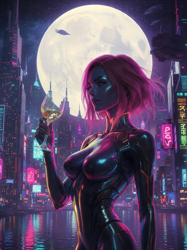 Neon Night Queen | Cyberpunk Futuristic Portrait | Pink Purple City Art product image (7)