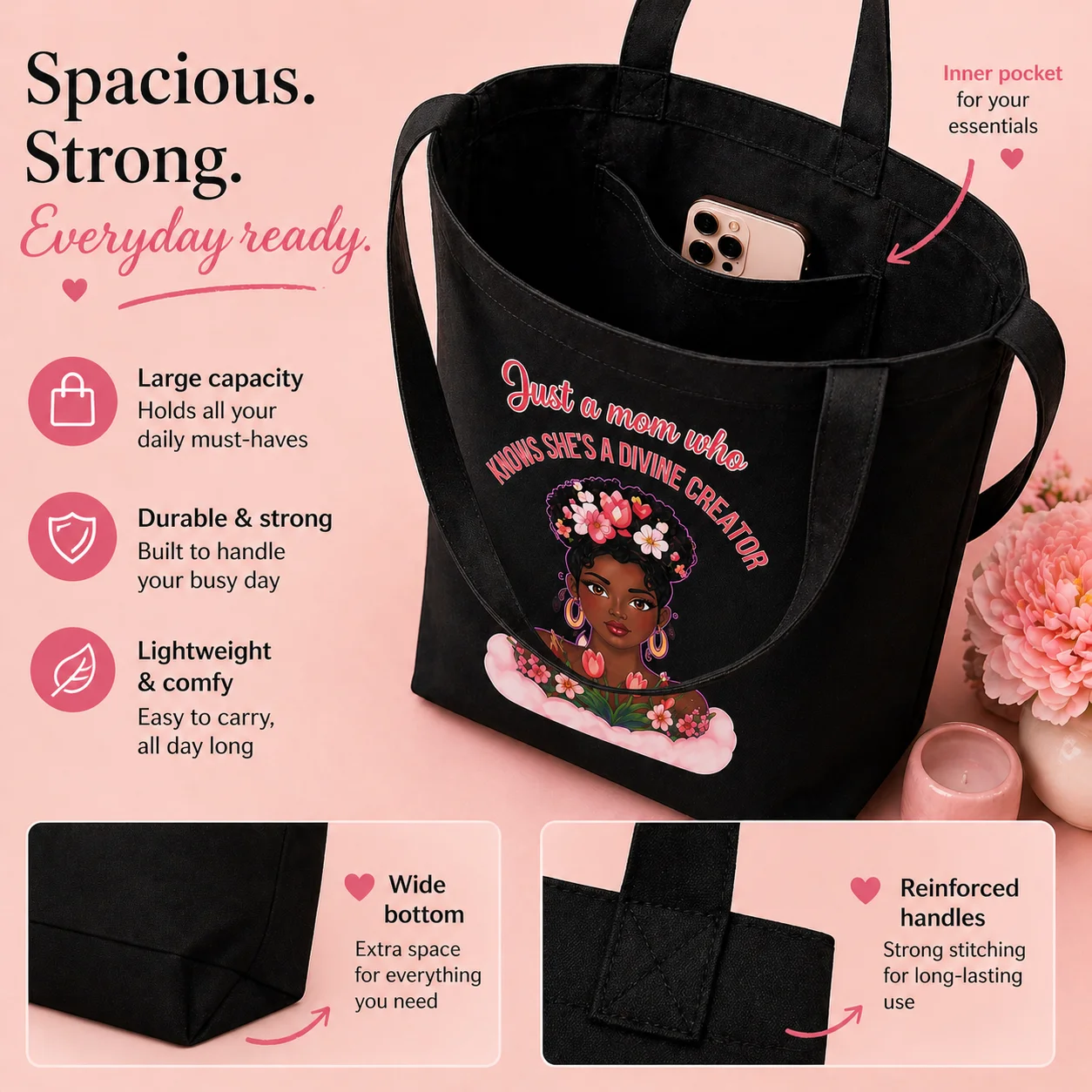 Just a Mom Who Knows She’s a Divine Creator Large Tote Bag | AOP Custom Tote w/ Pocket | Stylish Mom Bag | Everyday Carry | Gift for Mom product image (5)