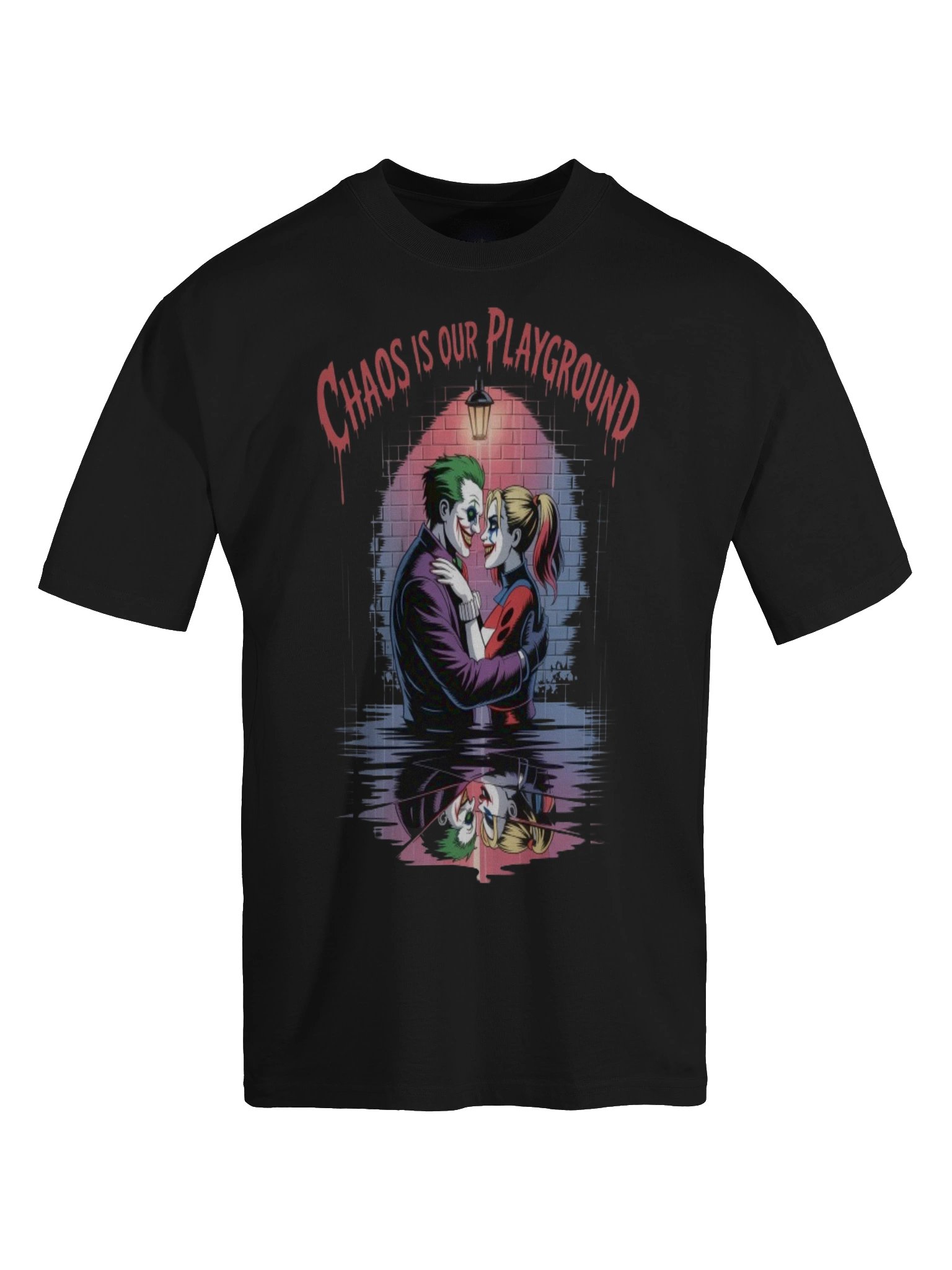 Joker & Harley Quinn 'Chaos is Our Playground' Reflective Embrace Oversized Faded T-Shirt product image (1)