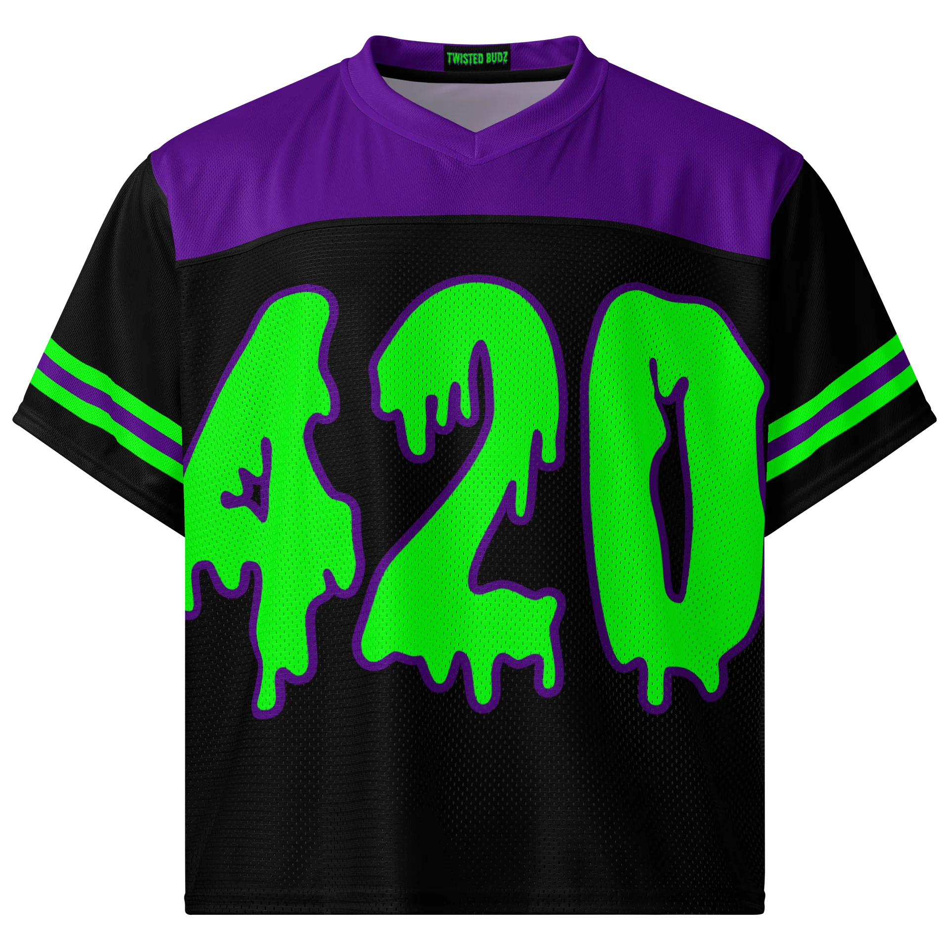 Rave 420 Football Jersey, Boxy Cannabis Shirt, Neon EDM Festival Clothes, Stoner Goth Fashion, Green Purple Black Alternative Style Weed Top product image (5)
