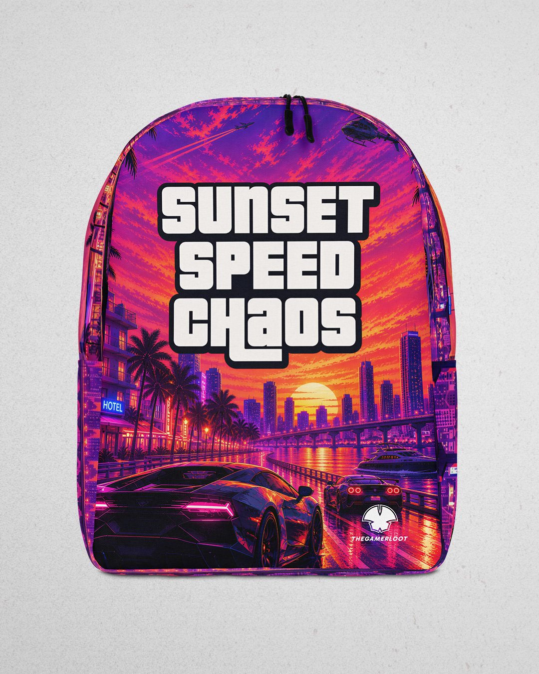 Sunset Speed Chaos Neon City Minimalist Backpack – Retro Street Racing All-Over Print product image (4)