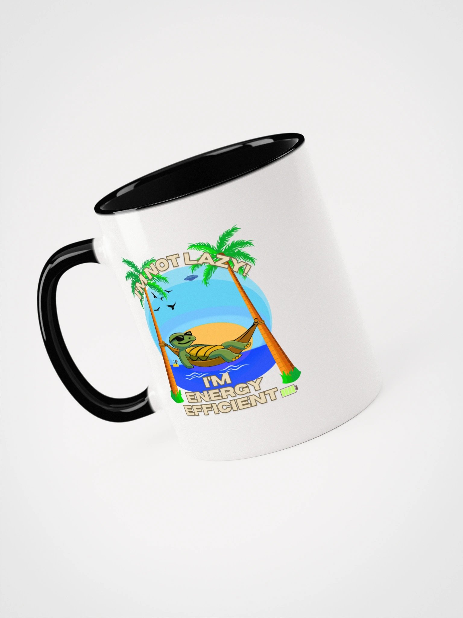 "I'm Not Lazy I'm Energy Efficient Turtle Mug – Funny Beach Hammock Coffee Cup with Sunrise & Palm Trees (11oz / 15oz)" product image (14)