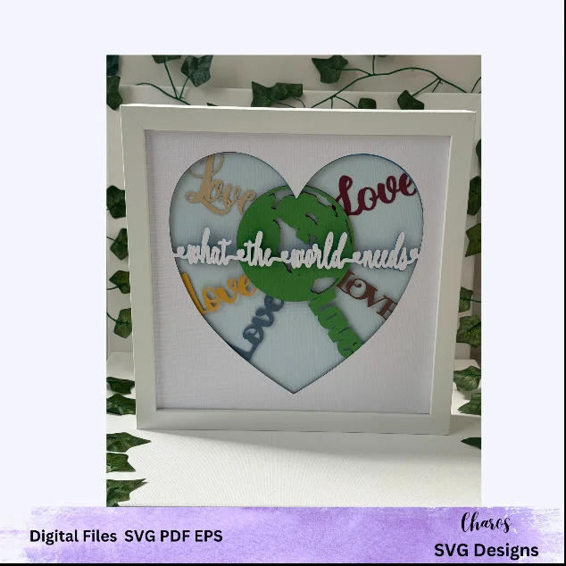 3D SVG 'What The World Needs' Heart-Shaped Earth Embraced by Love Layered Shadow Box Design product image (1)