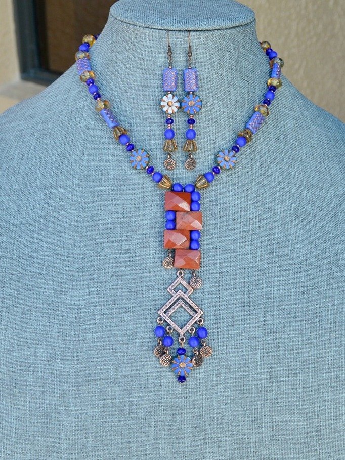 Copper and Red Jasper Rectangular Wearable Art Pendant Necklace and Earrings Jewelry Set With Deep Blue Beads product image (1)