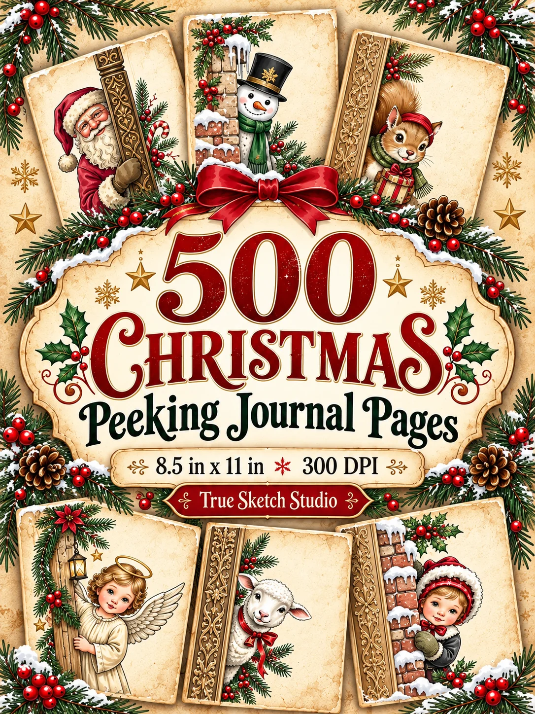 500 Christmas Peeking Junk Journal Pages, Whimsical Woodland Characters, Vintage Santa Ephemera, Printable Storybook Digital Papers, 300 DPI product image (1)