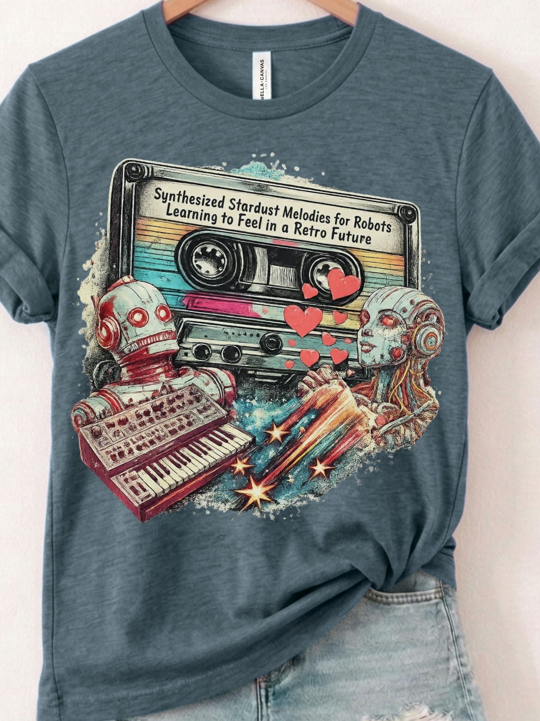 Synthesized Stardust Retro Future Tee, Whimsical Robot Music Lover Shirt product image (1)