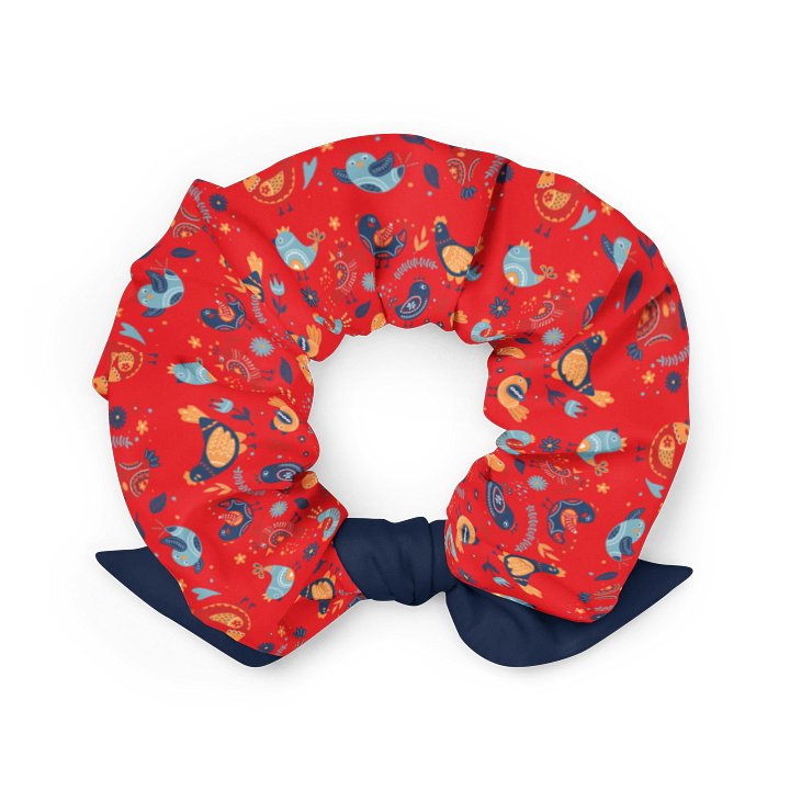Folk Art Red Scrunchie with Navy Bow | Sustainable Hair Accessory product image (2)