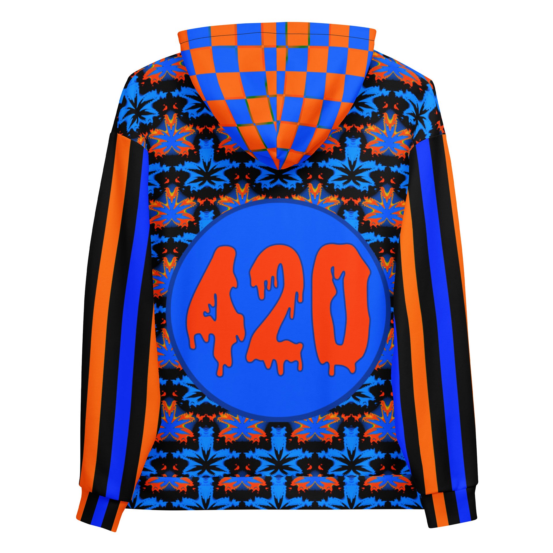 Blue Orange Black Cannabis Art 420 Hoodie, Checker Circus Stripe Clowncore Fashion, Weed Leaf Fall Festival Wear, Retro Rave Stoner Clothing product image (1)