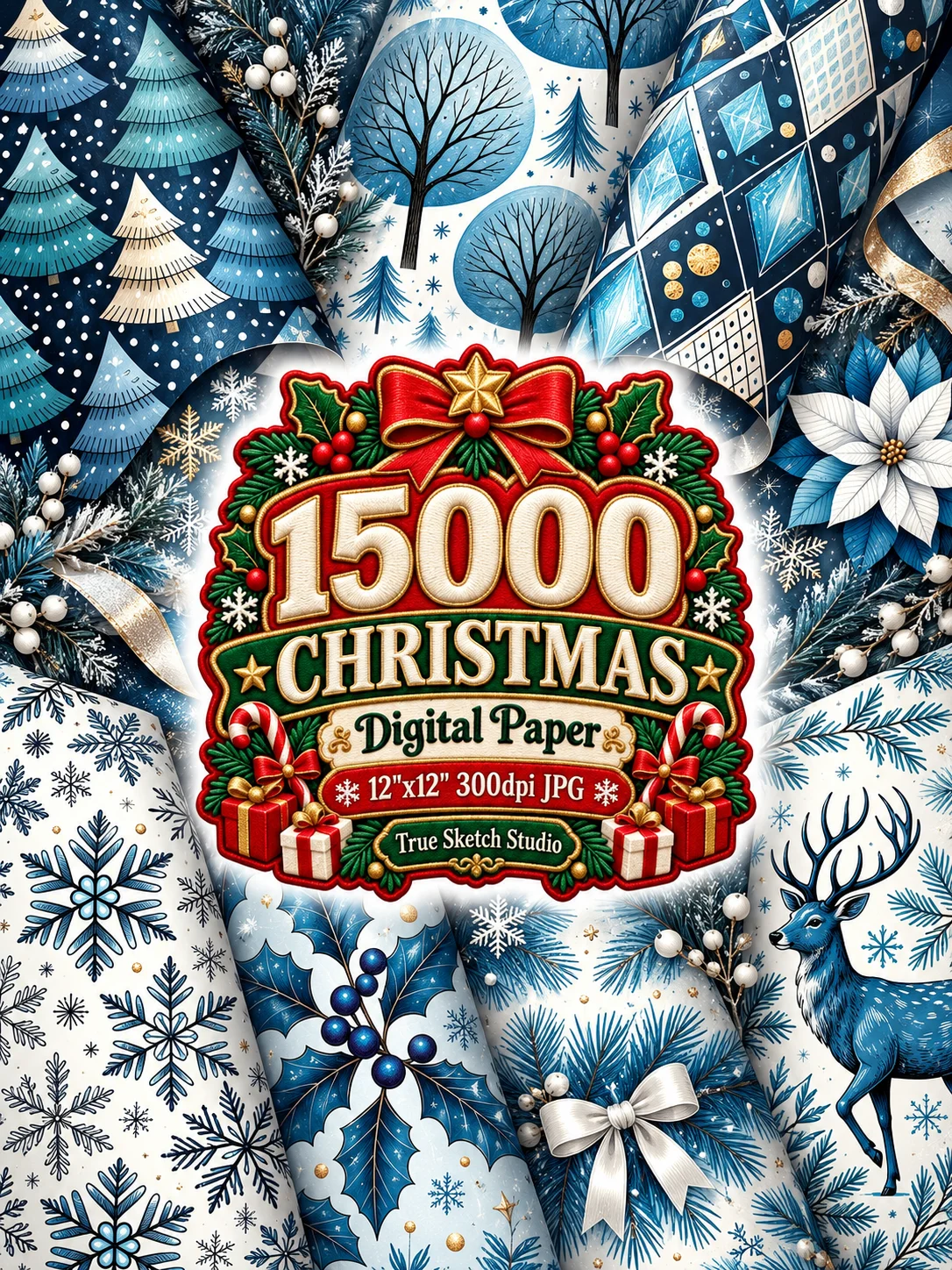 15000 Christmas Digital Paper Bundle, 12x12 JPG, Holiday Scrapbook Paper, Xmas Backgrounds, Printable Pattern Mega Bundle product image (7)