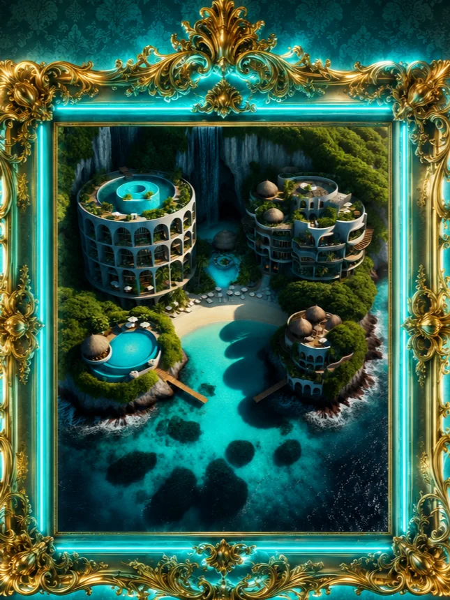 Island Resort Tropical Architecture | Fantasy Resort Poster | Turquoise Lagoon Wall Art product image (1)