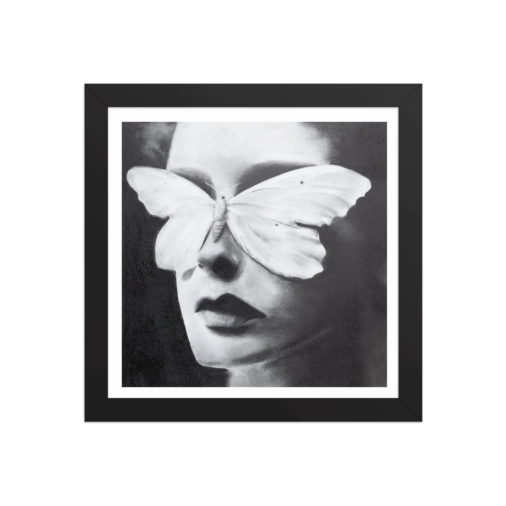 White Butterfly Charcoal Drawing Matte Print | Surreal Fine Art Wall Decor | Monochrome Butterfly Portrait | Emotional Black and White Artwork product image (1)