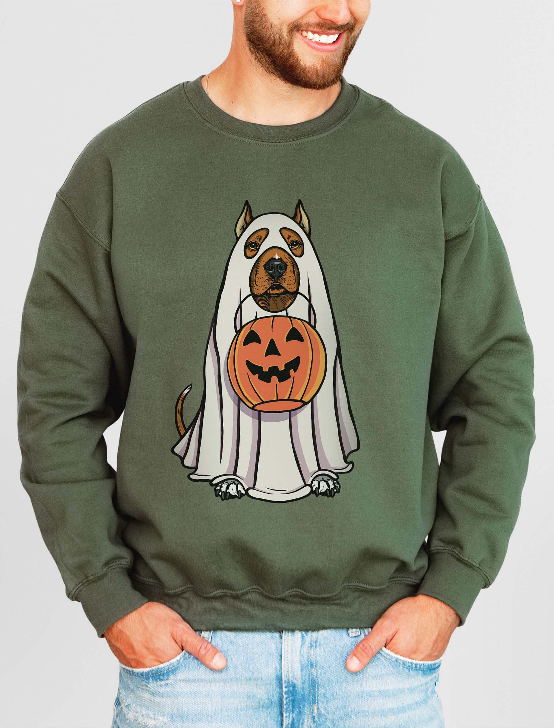 Funny Halloween Pitbull Terrier(Cropped Ears, Red) Sweatshirt | Funny Pittie Wearing a Ghost Costume and Holding a Pumpkin Basket product image (2)
