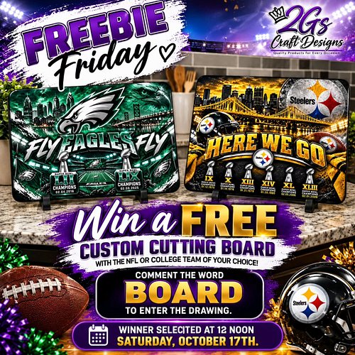 🏈🎉 FREEBIE FRIDAY! 
Your Team. Your Kitchen. Your Chance to WIN! 🏆

💜 More than a cutting board, it’s a conversation piece!

...