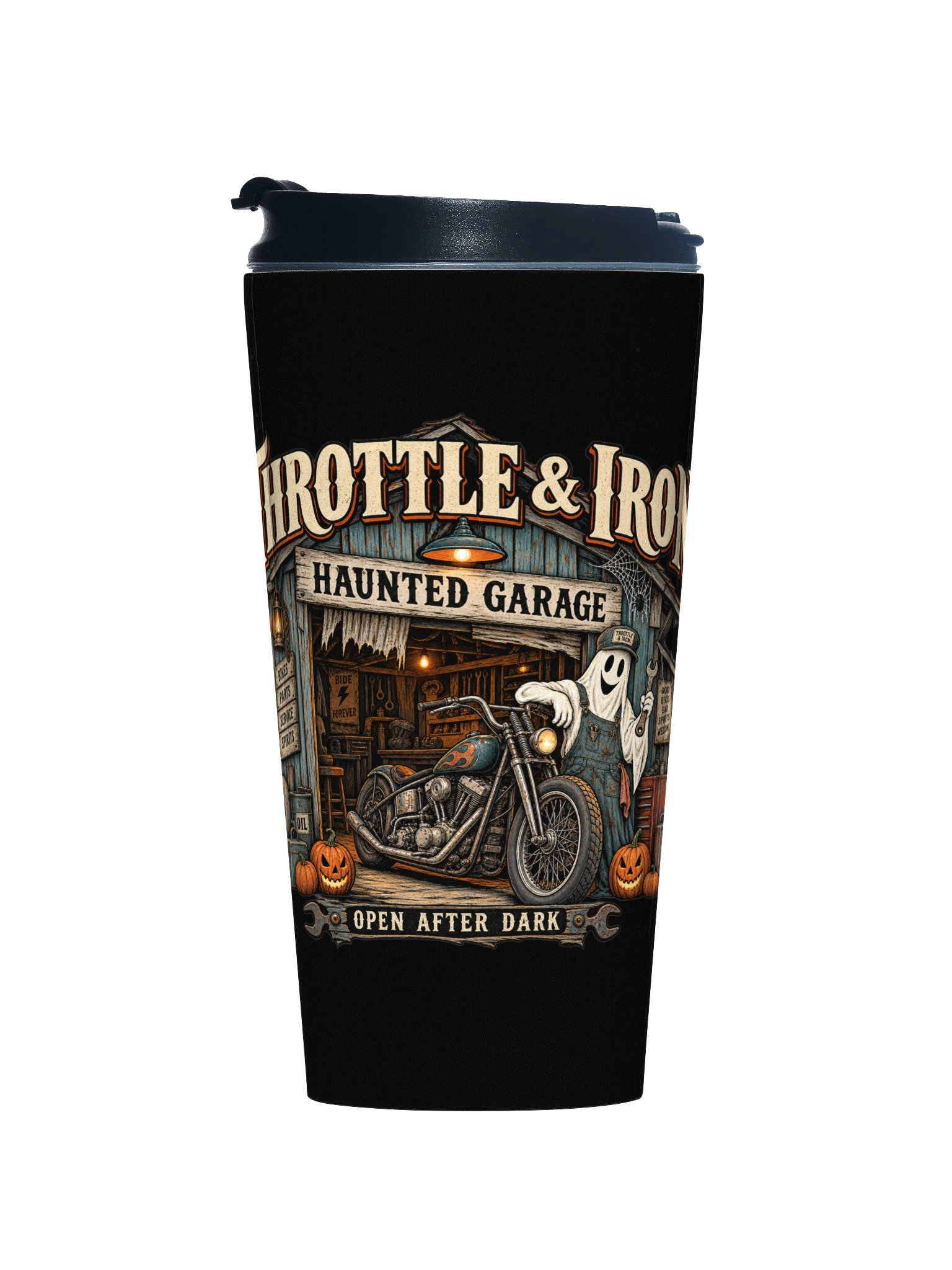 Throttle & Iron Haunted Garage Travel Mug — Bike Edition product image (1)