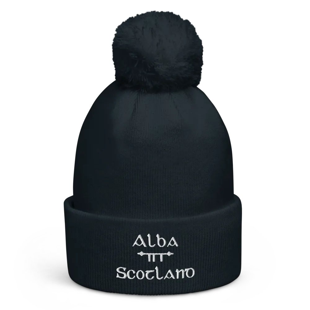 Scotland/Alba Scholastic style Ogham, navy with white, embroidered Pom-Pom Beanie product image (1)