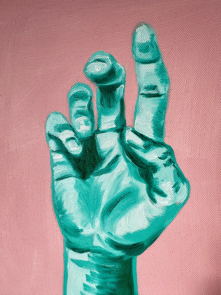 'i don't want you back’ hands on pink original oil on canvas painting product image (1)