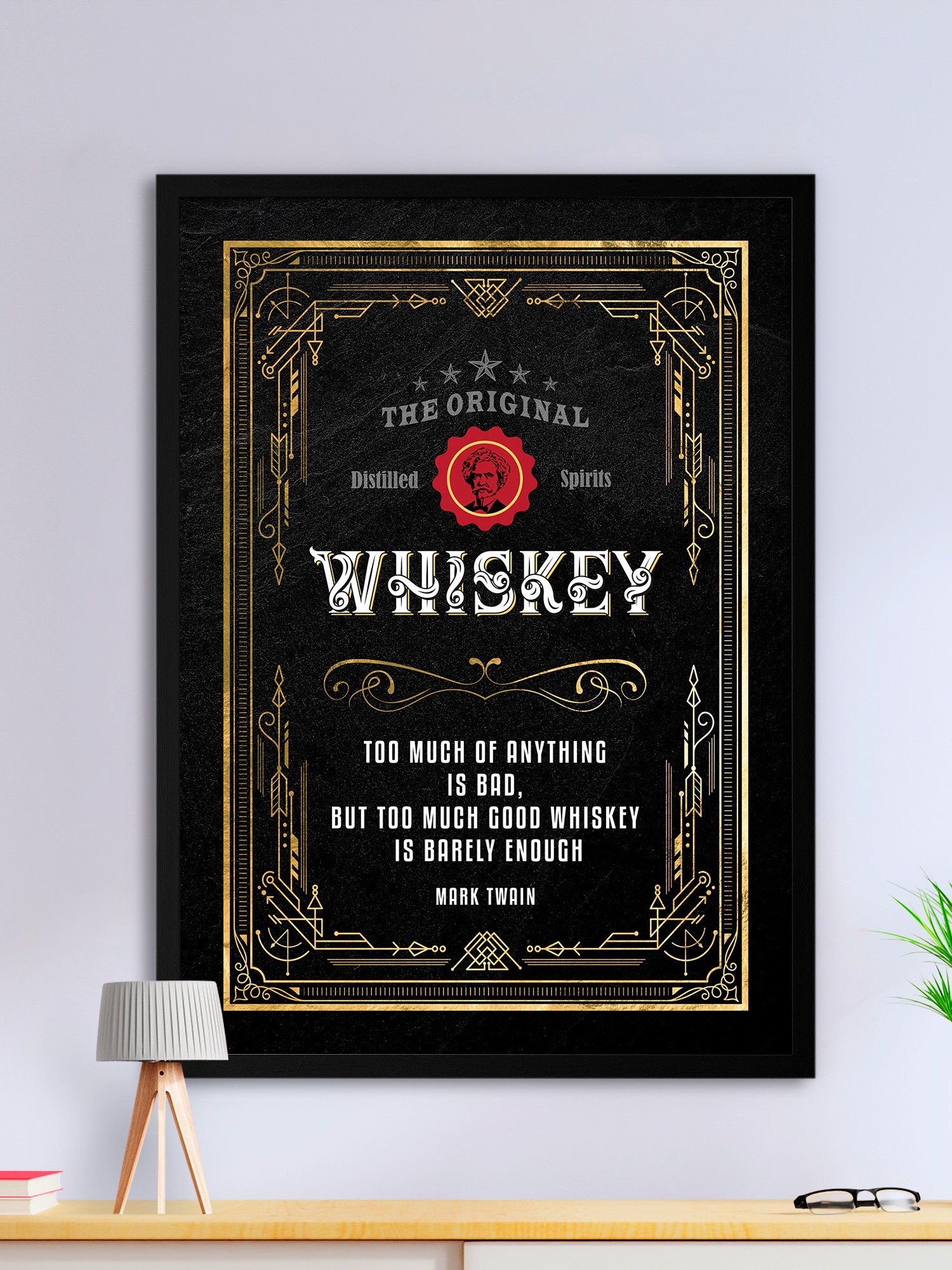 Too much of anything is bad, but too much good whiskey is barely enough / Mark Twain — Whiskey gold blackboard art deco poster with quote product image (1)