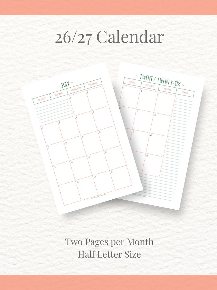 Peachy Green - 26/27 Calendar - 2 Pages per Month - Half Letter Size product image (1)