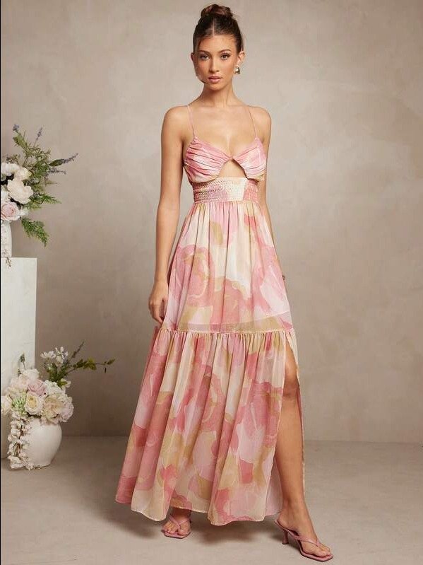 Women's Floral Print Waist Tie Knot Ruffle Hem Cami Dress, Vacation Style product image (2)