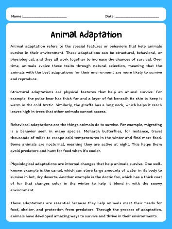 Animal Traits Reading Comprehension Passage & Questions product image (1)