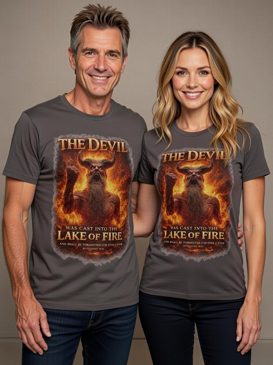Revelation 20:10 Satan Defeated Lake of Fire Bible Verse T-Shirt – Angry Devil Shaking Fist at Heaven Christian Tee product image (100)
