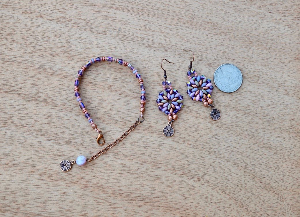 Copper and Purple Handmade Beaded Crystal Earrings and Bracelet Jewelry Set product image (3)