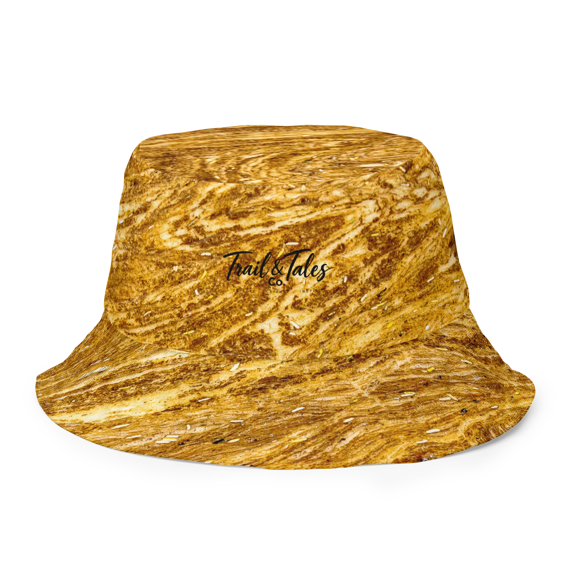 Golden Strata: Earthy Swirl Marble Pattern Reversible Bucket Hat | Botanical & Marble Sun Cap | Tiger Eye Outdoor Beach Hat product image (2)