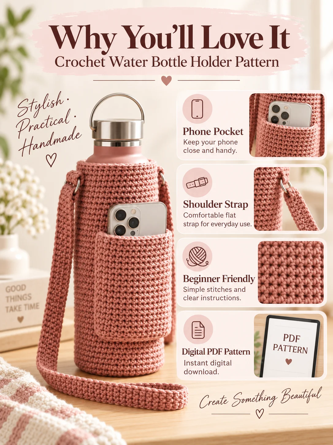Crochet Water Bottle Holder with Phone Pocket – PDF Pattern product image (5)