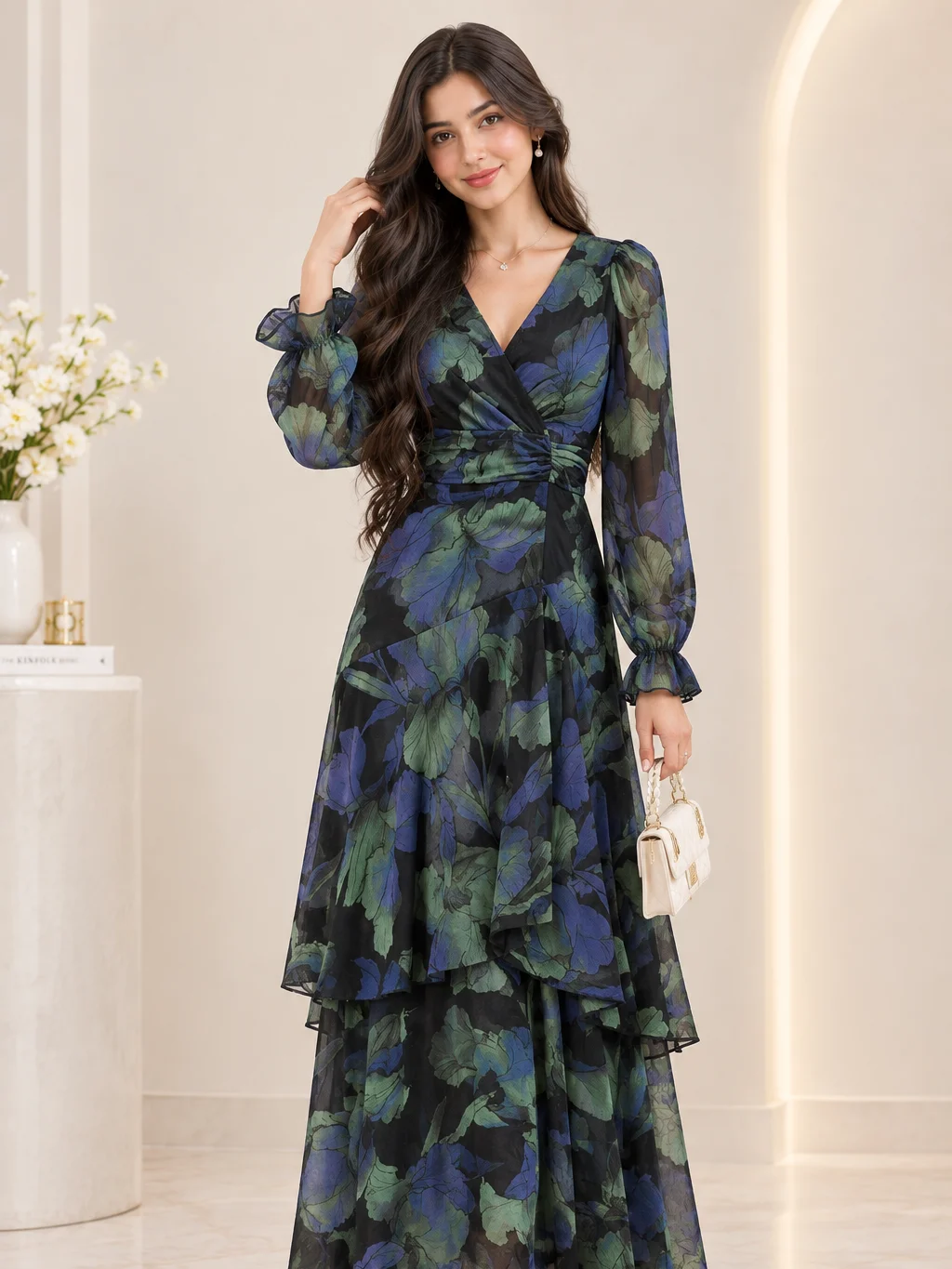 Amorya 2026 New Fashion Floral Print Ruffle Hem High Stretch Cinched Waist Long Dress, Vacation Dress, Pleated Dress, Floral Dress,Dresses For Women Summer product image (4)