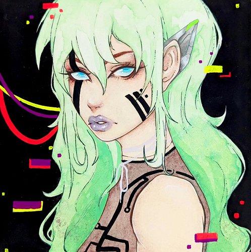 Finally getting around to posting this traditionally painted Art Fight piece I did of Nxss, who belongs to @sabelladona_ 🖤💚

...