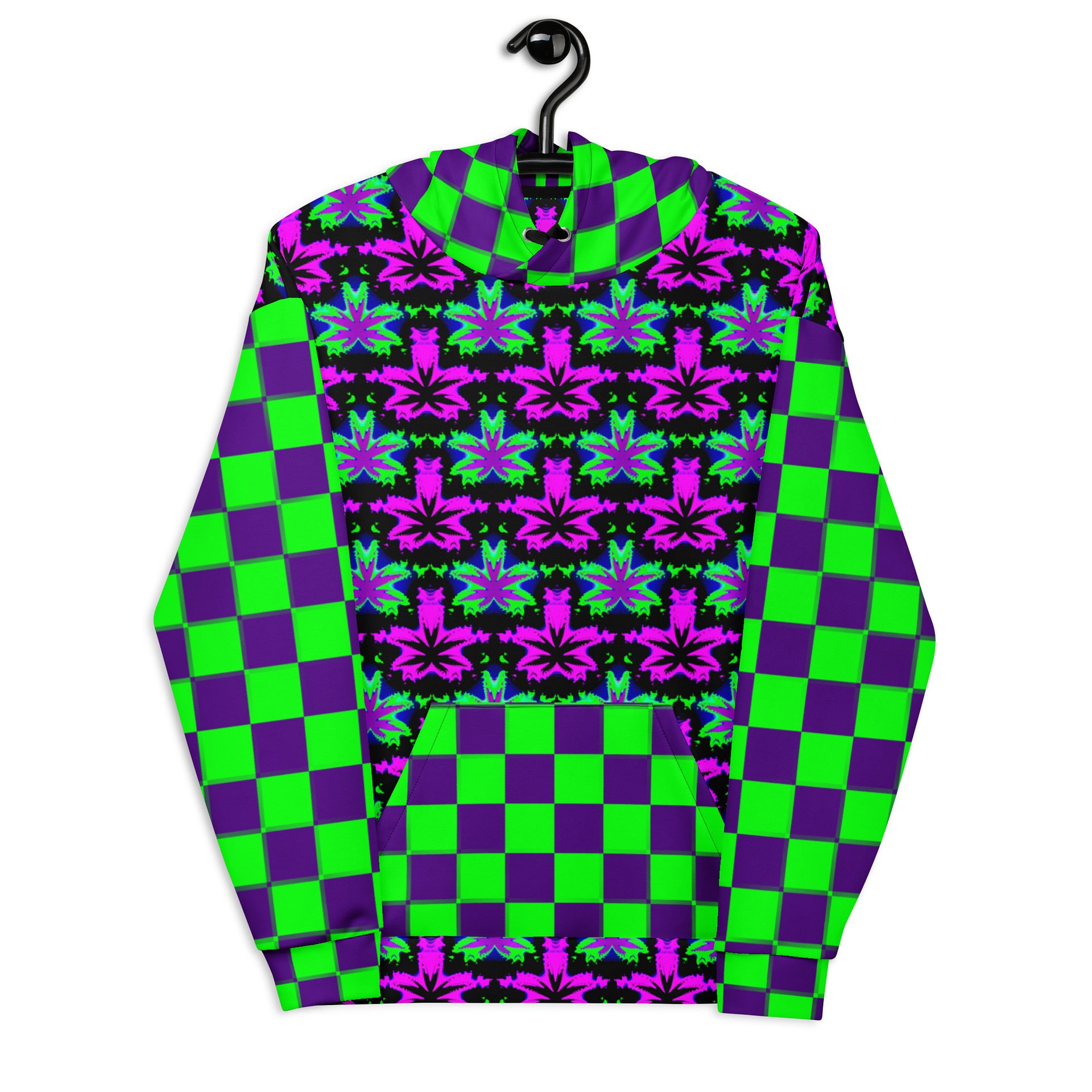 Pot Leaf 420 Festival Hoodie, Cannabis Clowncore Checkers Clothing, Neon Retro Raver Stoner Fashion, Twisted Techno Top, Weird Weed EDM Wear product image (10)