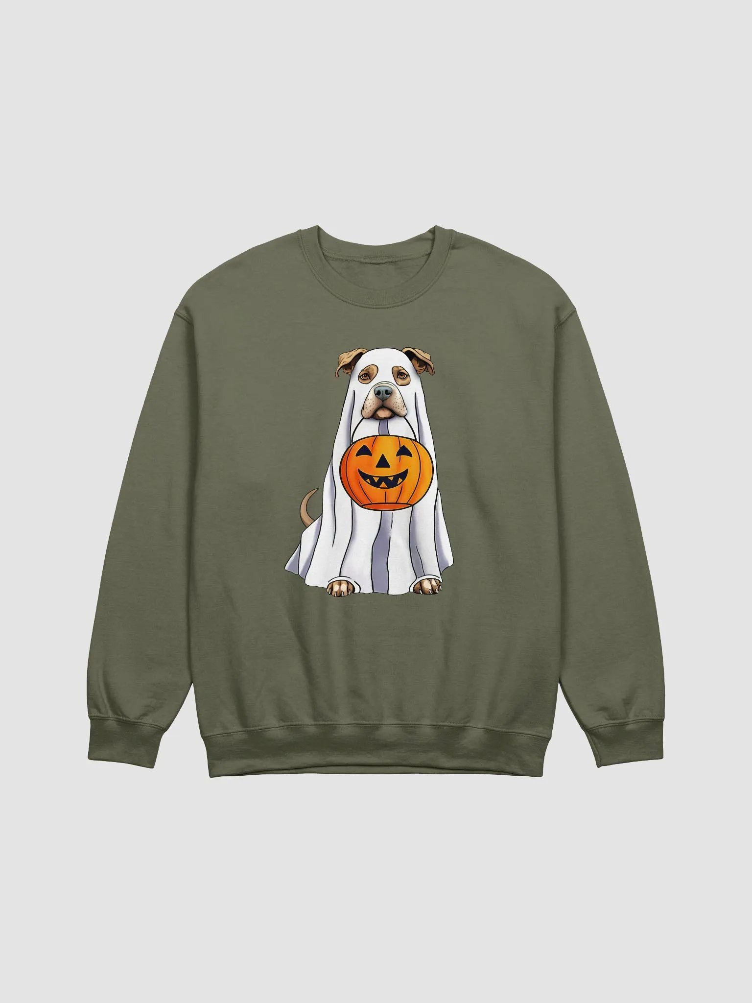 Pitbull(Fawn) Halloween Sweatshirt | Funny Halloween Staffordshire Wearing a Ghost Costume with Pumpkin Basket product image (1)
