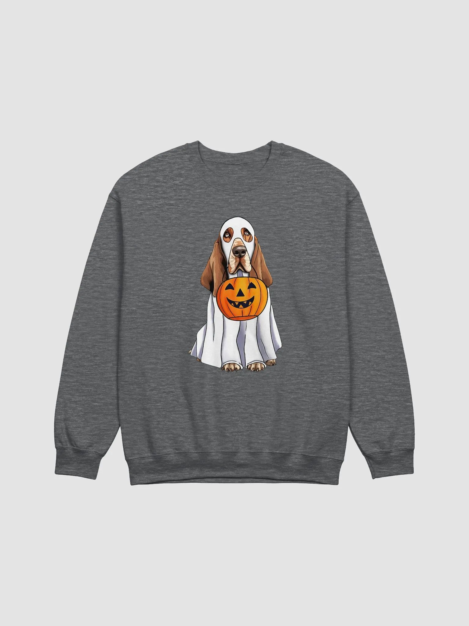 Basset Hound Halloween Sweatshirt | Funny Halloween Basset Hound Wearing Ghost Costume with Pumpkin Basket product image (1)