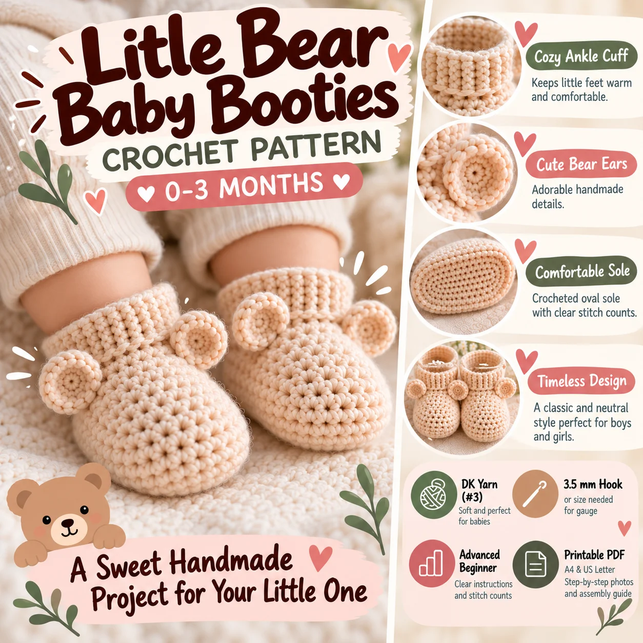 Little Bear Baby Booties Crochet Pattern PDF – 0–3 Months product image (5)