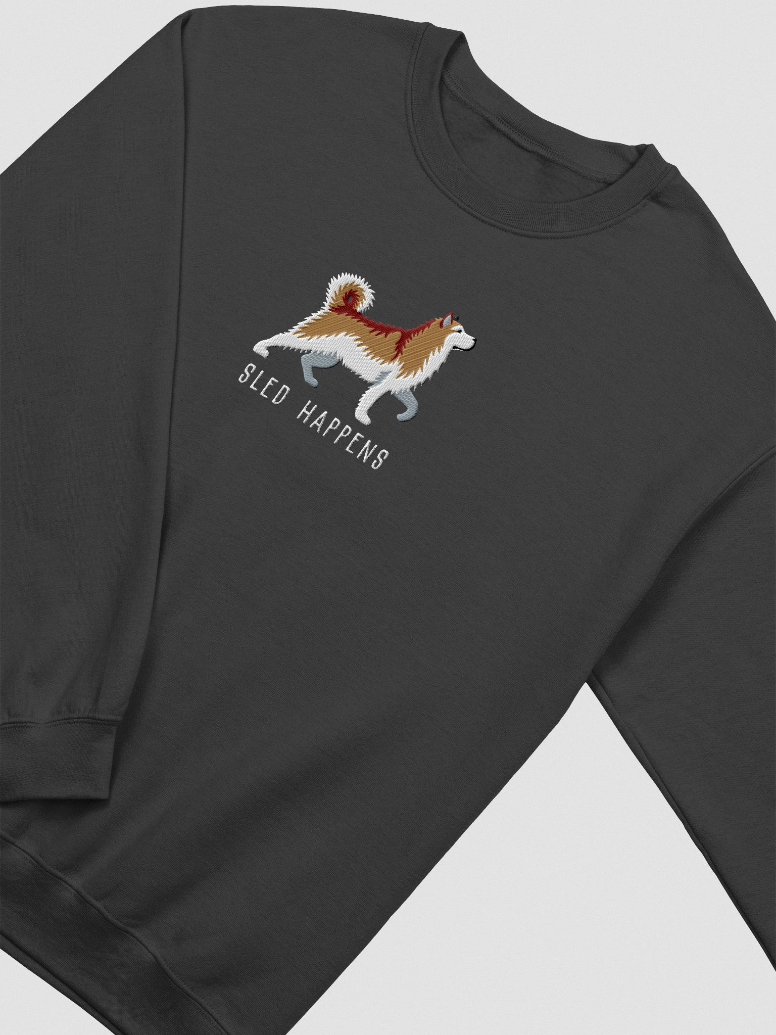 Sled Happens Sweatshirt (Embroidered) of an Alaskan Malamute(Brown & White) product image (6)