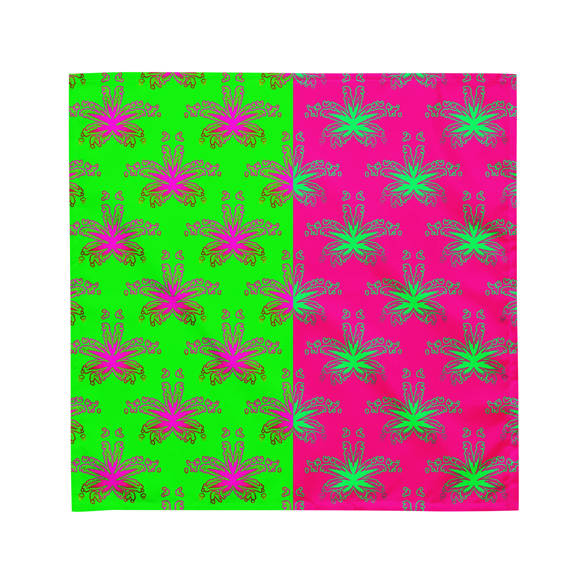 Neon Green Pink Cannabis Twisted Budz Bandana, 420 Art Summertime Stoner Style Fashion, Weird Weed Leaf Pattern All-Over Print Odd Accessory product image (1)