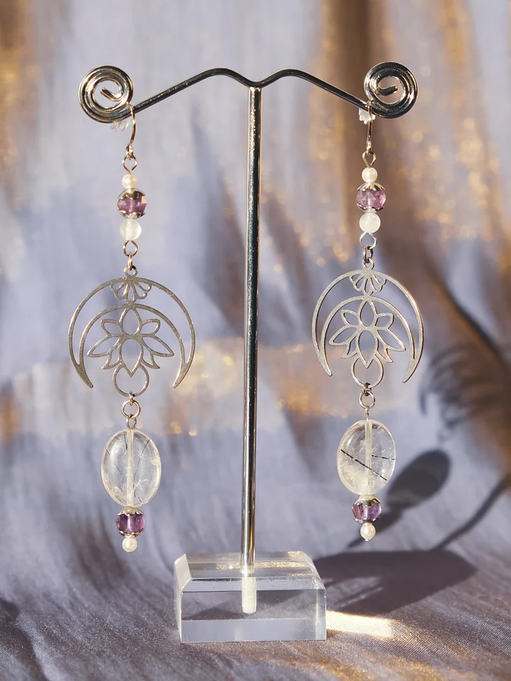 Moon lotus - Rutilated quartz, amethyst, and selenite earrings product image (1)