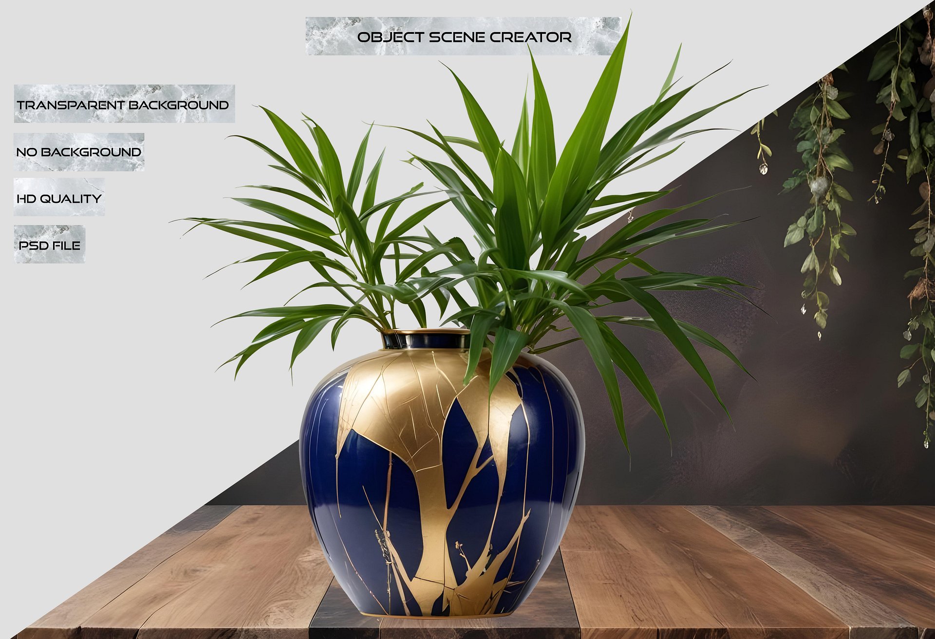 Blue Kintsugi Vase with Gold Design PNG product image (2)