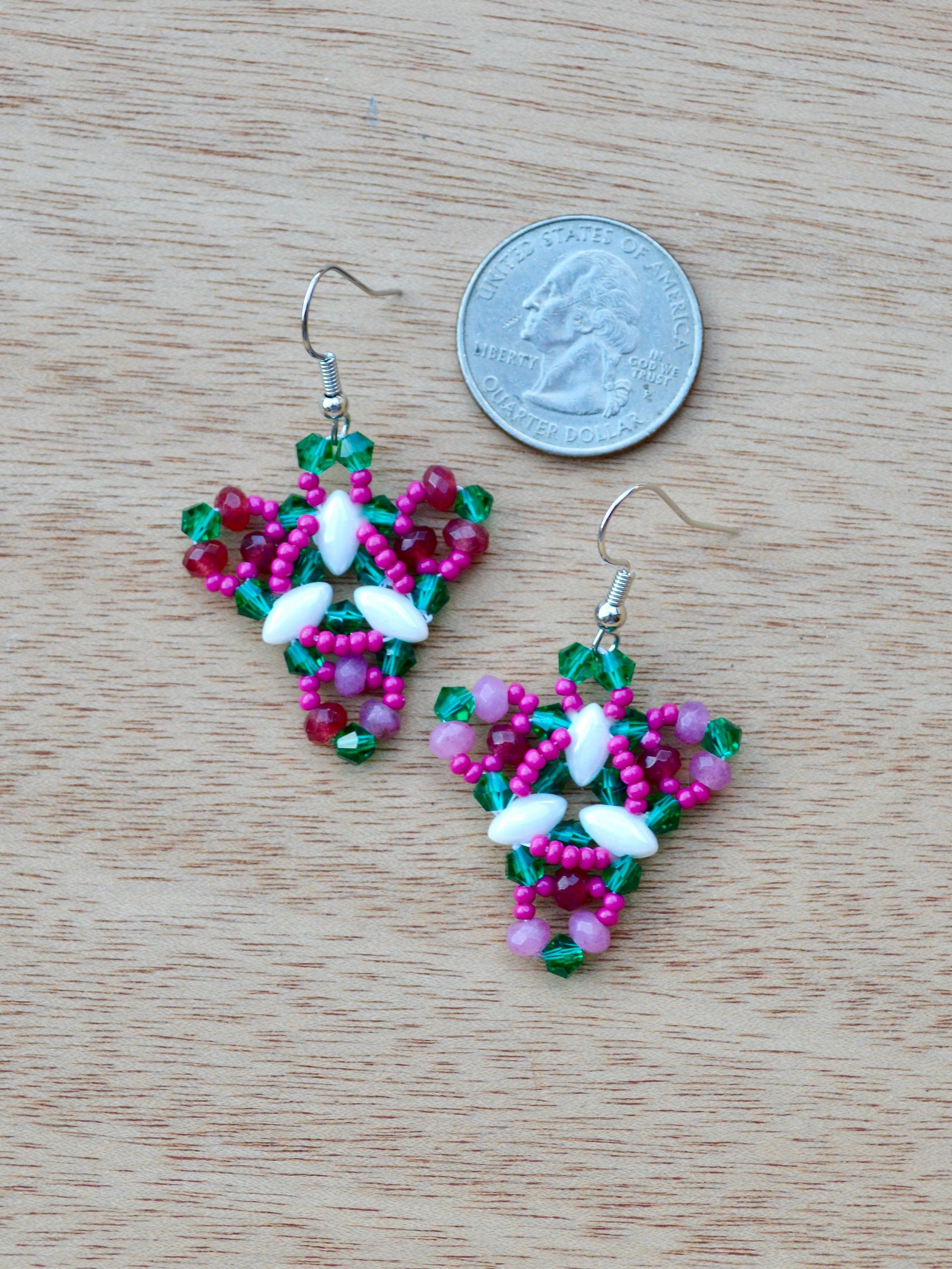 Sparkly Pink and Green Beaded Triangle Earrings product image (3)