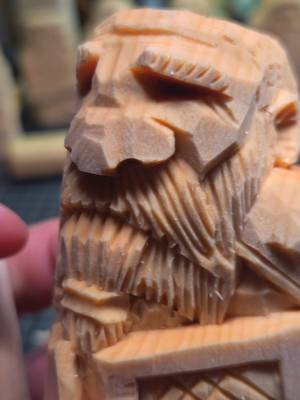 Dwarven Axe Warrior with shield. Hand carved from Basswood, 4 inches tall, 2x2 block. Used a Knife. V tool, and a 3mm U gouge. #dndart #fantasyart #woodcarving #lotr #whittling 