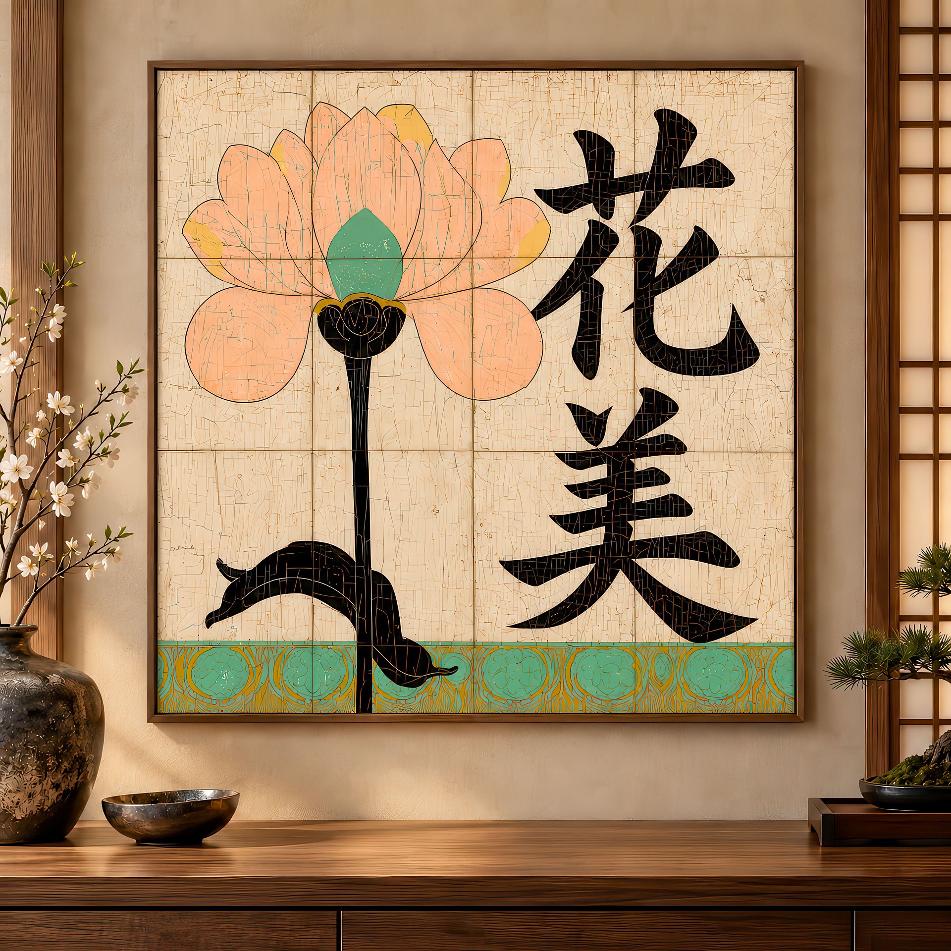 The Jade Lotus | Japanese Birch Wood Art Panel | Wall Decor | 24×24″ (60x60 cm) product image (1)