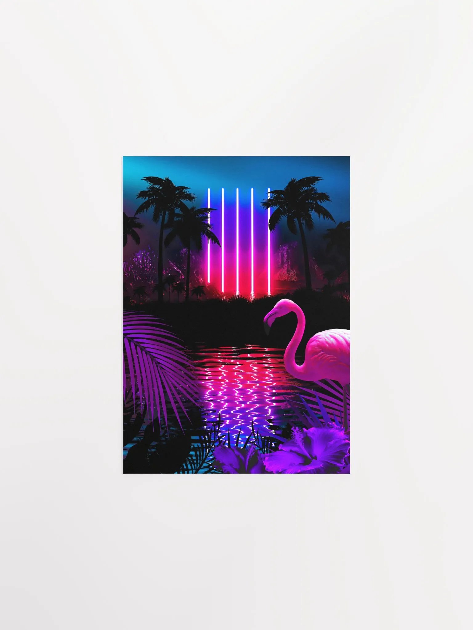 Neon landscape: Neon pillars & flamingo [synthwave/vaporwave/cyberpunk] — Aesthetic retrowave poster product image (6)
