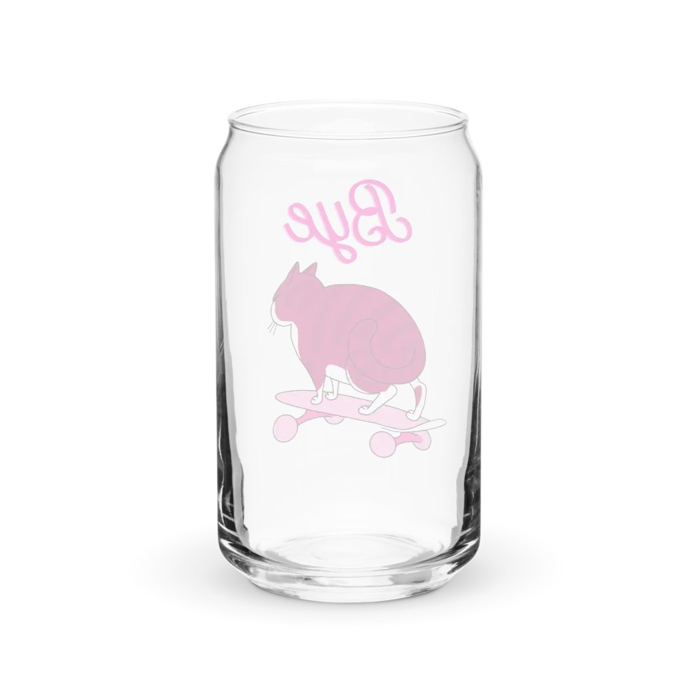 "Bye" Pink Skater Cat Can-Shaped Glass with or without Lid & Straw product image (2)
