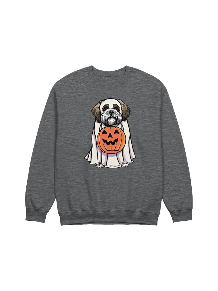 Funny Halloween Shih Tzu Sweatshirt | Funny Dog Wearing a Ghost Costume and Holding a Pumpkin Basket product image (1)