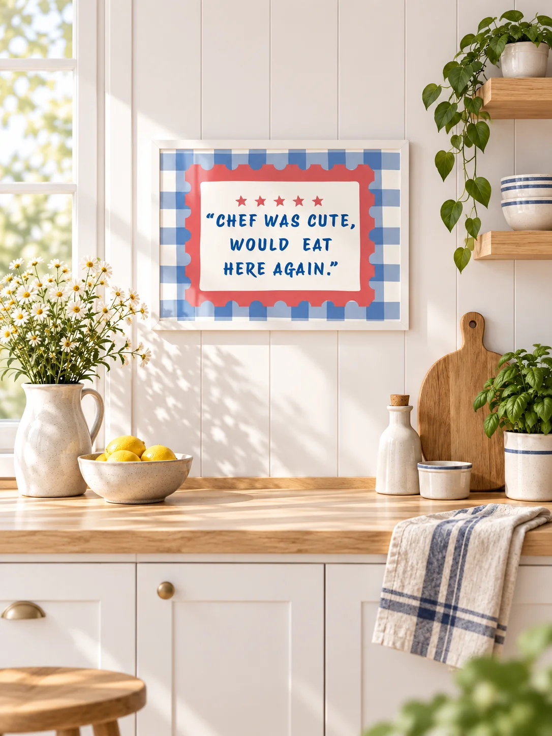 Chef Was Cute Printable Kitchen Wall Art | Funny Restaurant Review Quote | Retro Gingham Poster | Blue Red Dining Decor | Digital Download product image (7)