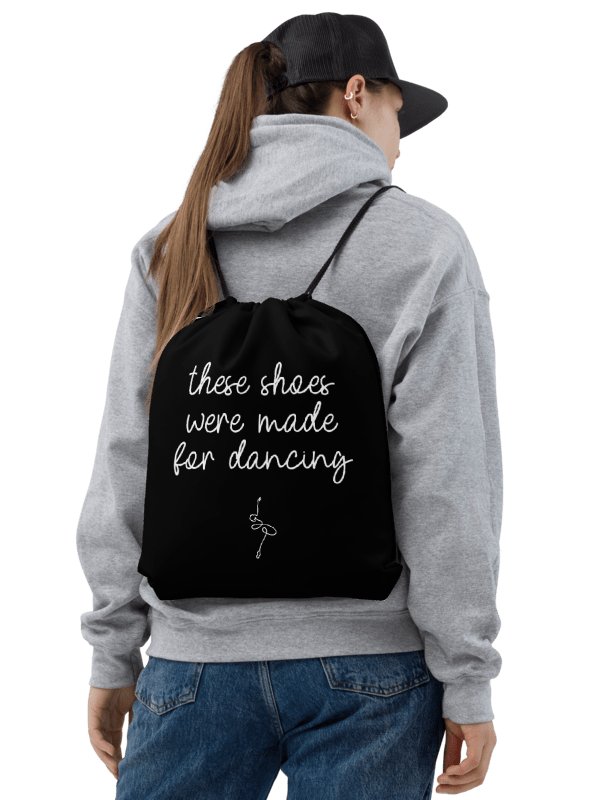 Drawstring Dance Bag | Black with White Logo and Quote product image (2)