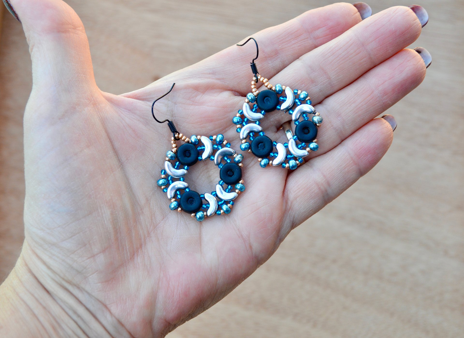 Unique Round Earrings With Silver Black and Turquoise Blue Beads product image (2)