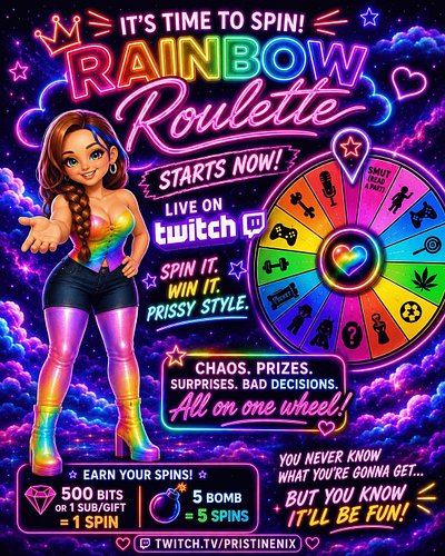 🎡🌈 RAINBOW ROULETTE STARTS TONIGHT! 🌈🎡

Tonight at 10PM EST, we’re spinning the brand-new wheel for the FIRST TIME and lettin...